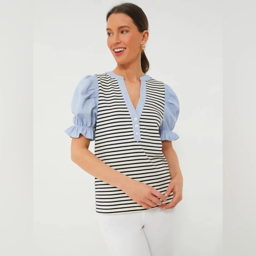 NWOT Tuckernuck POMANDER PLACE Navy Stripe Livia Puff Sleeve Top Size: Large - Picture 2 of 14